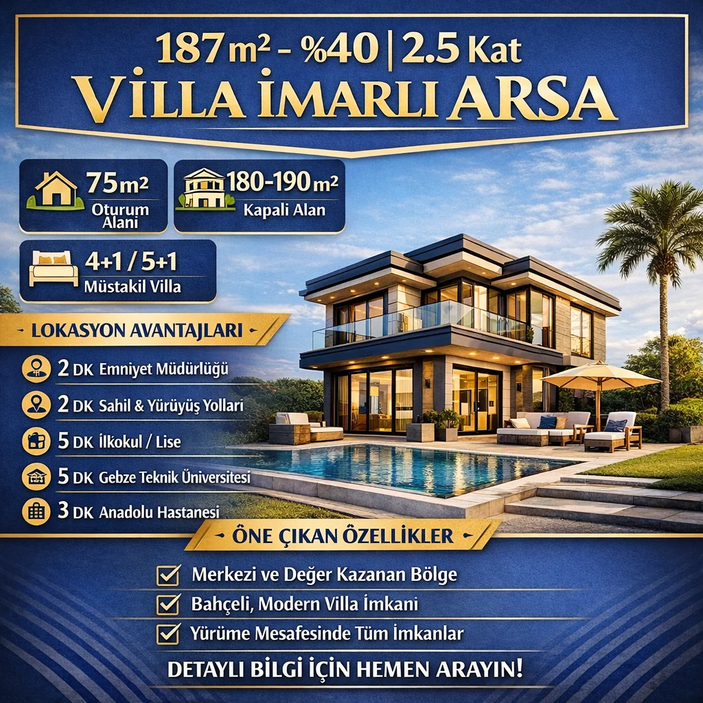 BAYRAMOĞLUNDA VİLLA İMARLI 184 M2 ARSA - bayramoğlu mah. , Darıca 2+1 184m² satılık